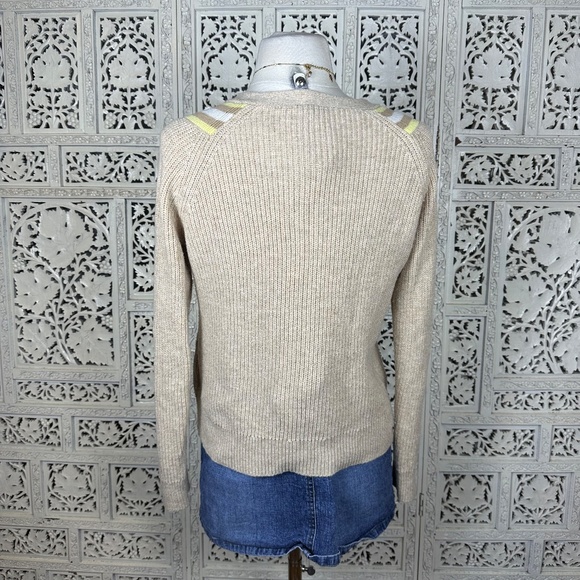 Talbots Tan Yellow Striped V Neck Preppy Tennis Long Sleeve Sweater Sz Small - Picture 5 of 7